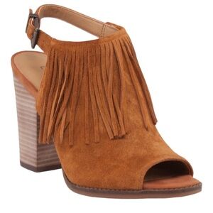 LUCKY BRAND Liennah Peep Toe Suede Fringe Ankle Bootie in Toast Size 7